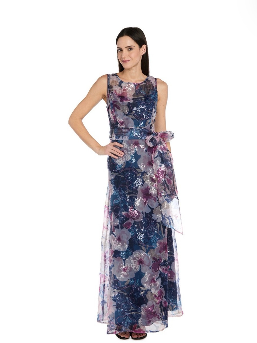 R&M Richards Navy Floral Chiffon Maxi Dress with Waist Bow